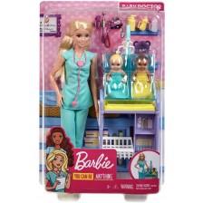 Игрален комплект Mattel Barbie - Барби педиатър с руса коса и две кукли -1