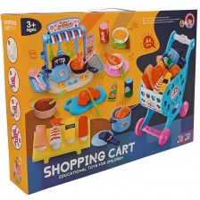 Игрален комплект Raya Toys - Пазарска количка с кухня, 64 части, синя
