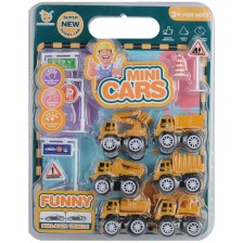 Игрален комплект Raya Toys - Строителни машини с пътни знаци