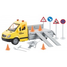 Игрален комплект Raya Toys - Камион City Maintenance, С пътни знаци, звуци и светлини, жълт