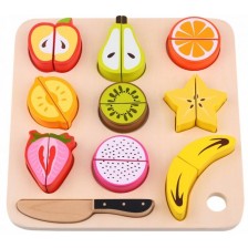 Игрален комплект Tooky Toy - Дървени плодове за рязане с табла -1