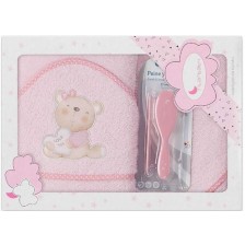 Комплект бебешка хавлия с гребен и четка Interbaby - Love you Pink, 100 x 100 cm