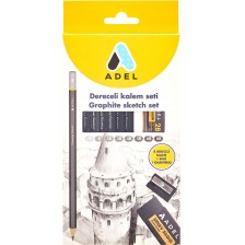 Комплект чернографитни моливи Adel - С острилка и гума -1