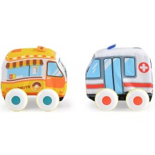 Комплект меки играчки Huanger - Инерционни коли, линейка и павилион -1