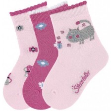 Комплект детски чорапи Sterntaler - С коте, 19/22 размер, 12-24 месеца, 3 чифта, розови -1