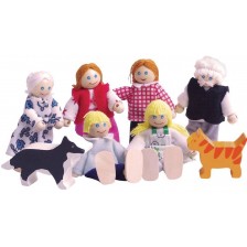 Комплект дървени кукли Bigjigs - Семейство с домашни любимци -1