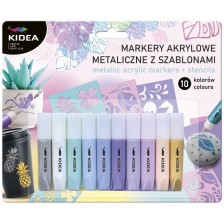Комплект пастелни маркери Kidea - Акрилни, 10 цвята, с шаблони