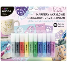 Комплект блестящи маркери Kidea - Акрилни, 10 цвята, с шаблони