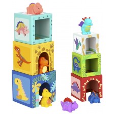 Кула от картонени кубчета с фигури Tooky Toy - Динозаври -1