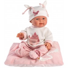Кукла-бебе Llorens - С розови дрешки, възглавничка и бяла шапка, 26 cm -1