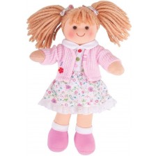 Мека кукла Bigjigs - Попи,  с рокличка на цветя и жилетка, 28 cm -1
