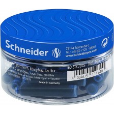Комплект патрончета за писалка Schneider - Сини, в бурканче, 30 броя -1