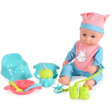 Пишкаща кукла-бебе Moni - Със синя шапка и аксесоари, 36 cm
