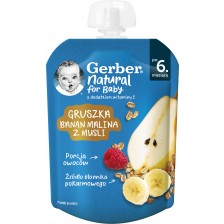 Плодово пюре Nestle Gerber - Пауч с круша, банан, малина и мюсли, 6м+, 80 g