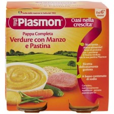 Plasmon Готово меню говеждо със зеленчуци и паста, 6+м, 2 бр. х 190 гр.