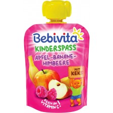 Плодово пюре Bebivita - Ябълка, банан, малина и бисквити, пауч, 90 g 