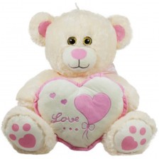 Плюшена играчка Амек Тойс - Мече екрю със сърце с розов кант, 45 cm