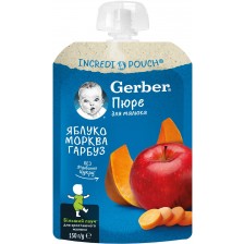 Плодова закуска Nestle Gerber Natural - Пауч с ябълки, моркови и тиква, 150 g -1