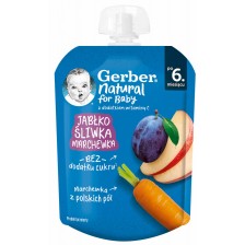 Плодово пюре Nestle Gerber - Пауч с ябълка, слива и морков, 6m+, 80 g -1