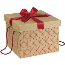 Подаръчна кутия Giftpack - Златиста с червено, с панделка и дръжки, 27 х 27 х 20 cm