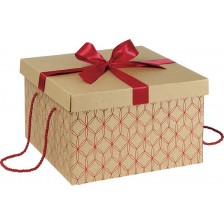 Подаръчна кутия Giftpack - Златиста с червено, с панделка и дръжки, 34 x 34 x 20 cm