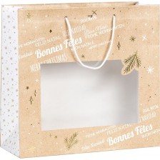 Подаръчна торбичка Giftpack - Bonnes Fêtes, 35 x 13 x 33 cm, топъл печат, крафт, бяло и златно, с PVC прозорец