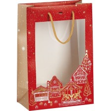 Подаръчна торбичка Giftpack - Bonnes Fêtes, 20 x 10 x 29 cm, червена със златен печат, с PVC прозорец