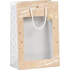 Подаръчна торбичка Giftpack - Bonnes Fêtes, 20 x 10 x 29 cm, топъл печат, крафт, бяло и златно, с PVC прозорец