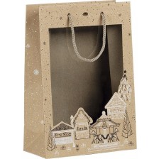 Подаръчна торбичка Giftpack - Bonnes Fêtes, 20 x 10 x 29 cm, крафт, бяло и черно с PVC прозорец