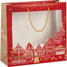 Подаръчна торбичка Giftpack - Bonnes Fêtes, 35 x 13 x 33 cm, червена със златен печат, с PVC прозорец
