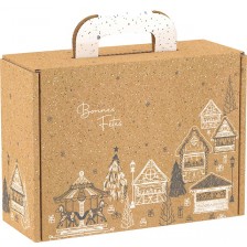 Подаръчна кутия Giftpack - Bonnes Fêtes, крафт, черно и бяло, 25 x 18 x 9.5 cm