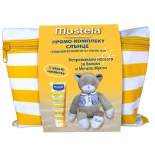 Промо комплект Mustela - Слънцезащитен лосион SPF 50+, 40 ml + Мече Мусти + несесер за бански -1