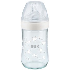 Стъклено шише Nuk - Nature Sense, със силиконов биберон М, 240 ml, бяло -1