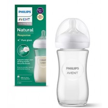 Стъклено шише Philips Avent - Natural Response 3.0, с биберон 1m+, 240 ml 