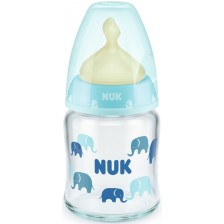 Стъклено шише с каучуков биберон Nuk - First Choice, TC, 120 ml, синьо