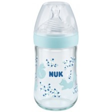 Стъклено шише Nuk - Nature Sense, със силиконов биберон М, 240 ml, синьо -1