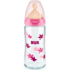 Стъклено шише с каучуков биберон Nuk - First Choice, TC, 240 ml, розово