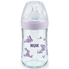 Стъклено шише Nuk - Nature Sense, със силиконов биберон М, 240 ml, лилаво