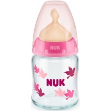 Стъклено шише с каучуков биберон Nuk - First Choice, TC, 120 ml, розово -1