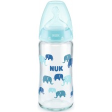 Стъклено шише със силиконов биберон Nuk - First Choice, TC, 240 ml, синьо
