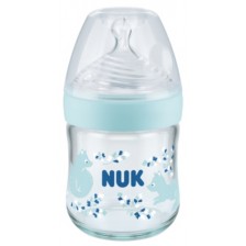 Стъклено шише NUK Nature Sense - Temperature control, Softer, 120 ml, синьо