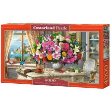 Панорамен пъзел Castorland от 4000 части - Летни цветя и чаша чай -1