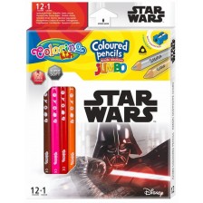 Цветни моливи Colorino - Marvel Star Wars Jumbo, 12 + 1 цвята и острилка