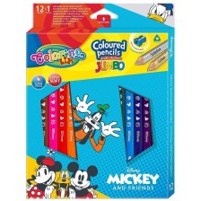 Цветни моливи Colorino Disney Jumbo - Mickey and Friends, 12 + 1 цвята и острилка