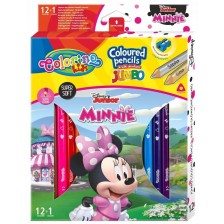 Цветни моливи Colorino Disney - Junior Minnie Jumbo, 12 + 1 цвята и острилка -1