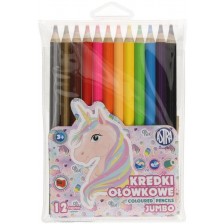 Цветни моливи Astra Jumbo - Unicorn, кръгли, 12 цвята + острилка
