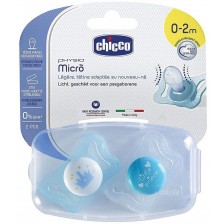 Комплект биберони-залъгалки Chicco - Physio Micro, 2 броя, 0-2 месеца, за момче