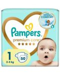 Бебешки пелени Pampers Premium Care - Размер 1, 2-5 kg, 50 броя - 1t