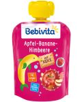 Плодово пюре Bebivita - Пауч с бисквити, банан, ябълка и малина, 90 g - 1t