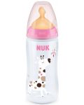 Шише Nuk First Choice - Temperature control, с каучуков биберон, 300 ml, розово, жираф - 1t